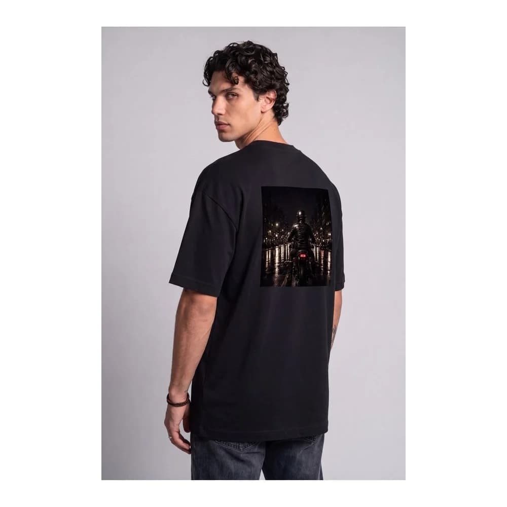 Oversize Baskılı Unisex Tişört Lone Rider Black siyah