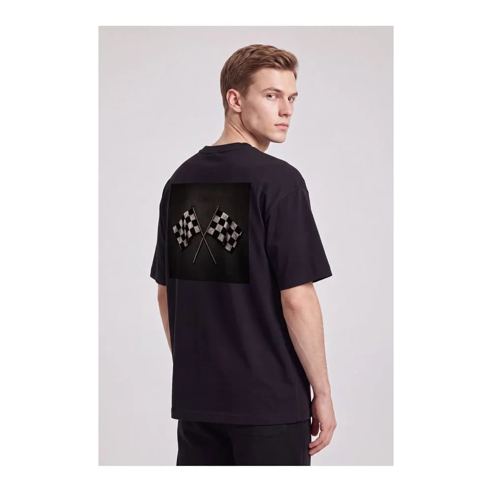Oversize Baskılı Unisex Tişört Race Flags black siyah