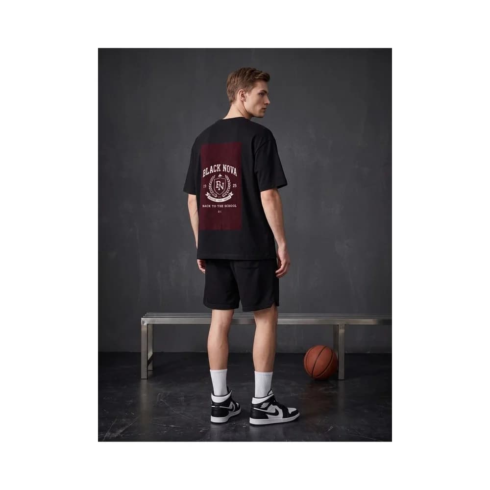 Oversize Baskılı Unisex Tişört Crest Club Black siyah
