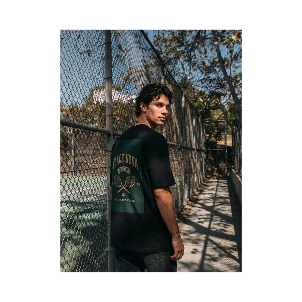Oversize Baskılı Unisex Tişört Campus Tennis Black siyah
