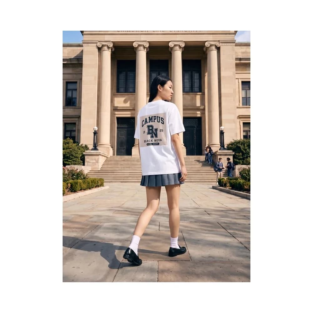 Oversize Baskılı Unisex Tişört Nova Campus beyaz
