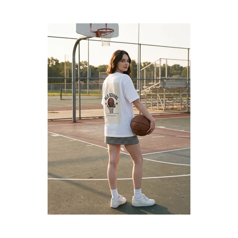 Oversize Baskılı Unisex Tişört Basketball 86 beyaz