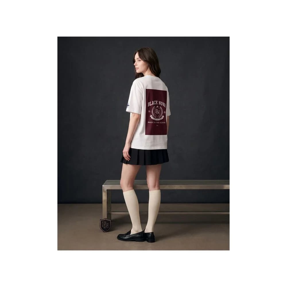 Oversize Baskılı Unisex Tişört Crest Club beyaz