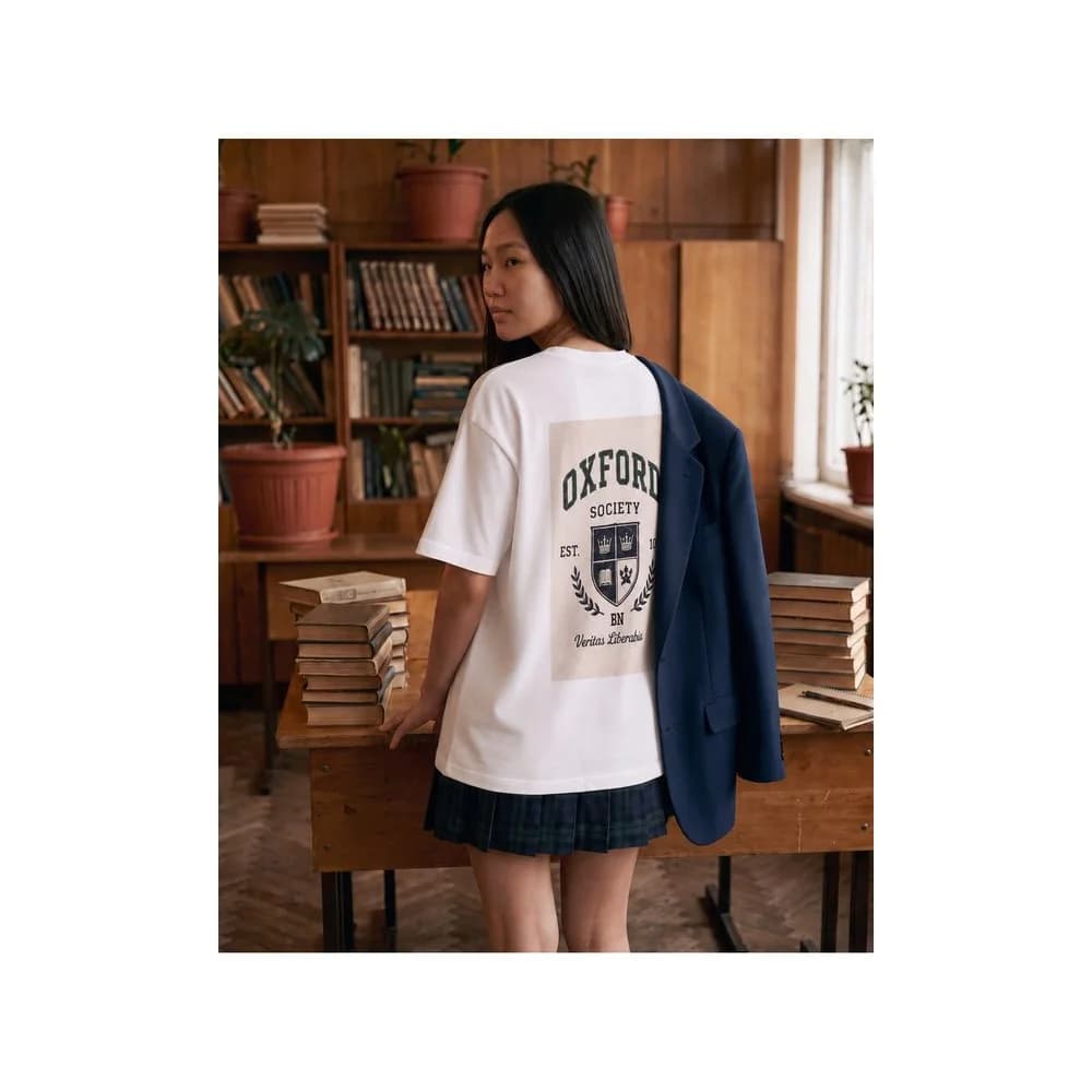 Oversize Baskılı Unisex Tişört Oxford Club beyaz