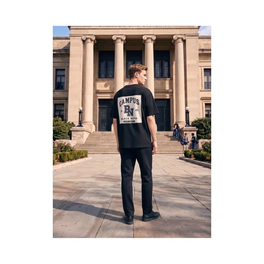 Oversize Baskılı Unisex Tişört Nova Campus Black siyah