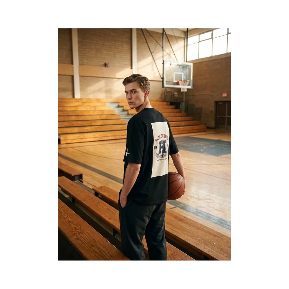 Oversize Baskılı Unisex Tişört High School 90 Black siyah
