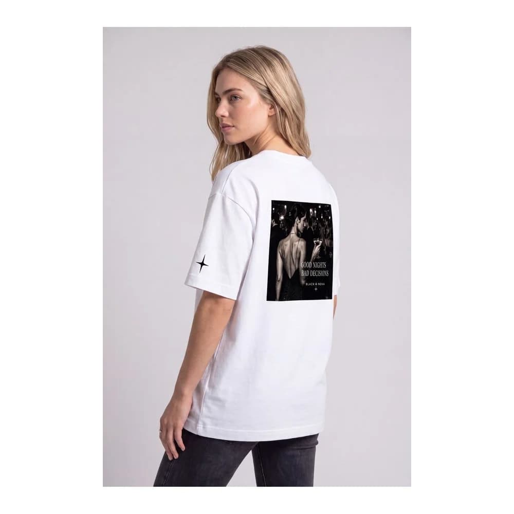 Oversize Baskılı Unisex Tişört Bad Decisions beyaz