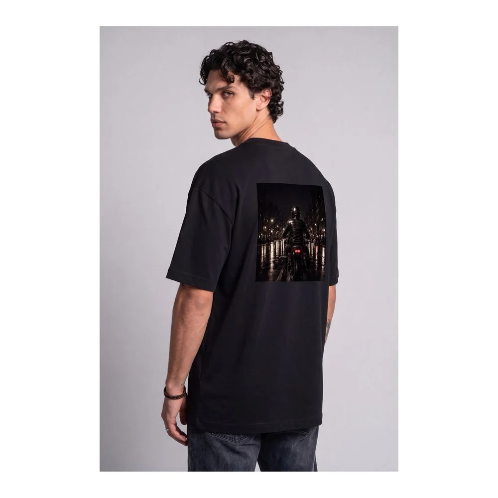 Oversize Baskılı Unisex Tişört Lone Rider Black siyah
