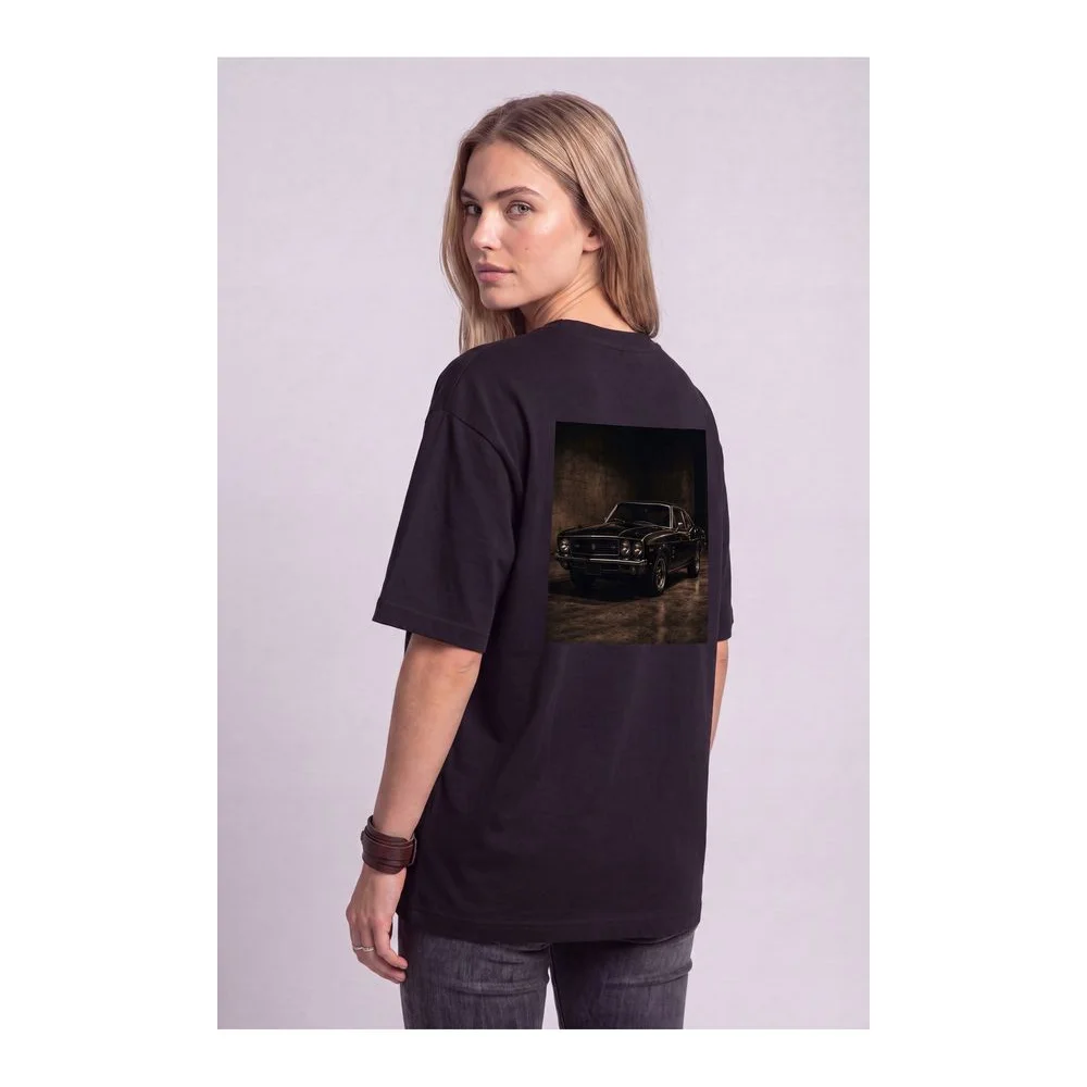 Oversize Baskılı Unisex Tişört Classic Car Black siyah