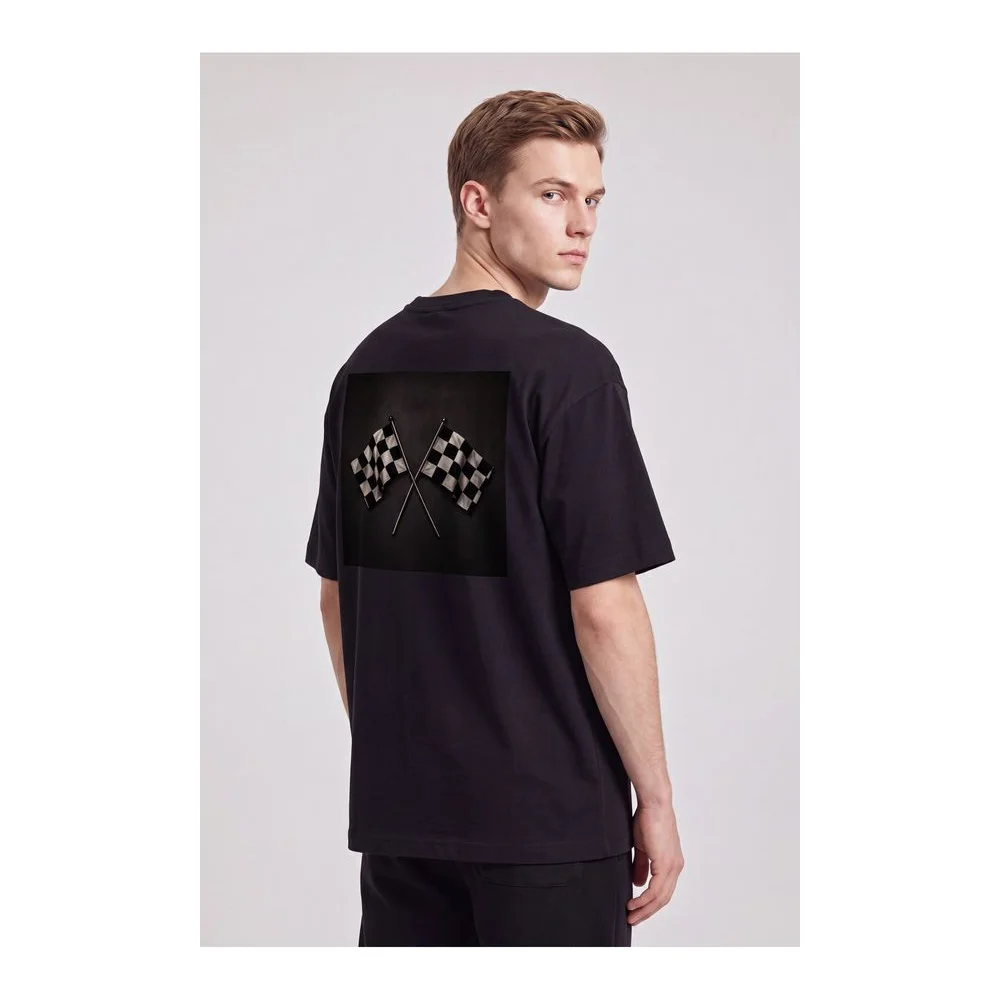 Oversize Baskılı Unisex Tişört Race Flags black siyah