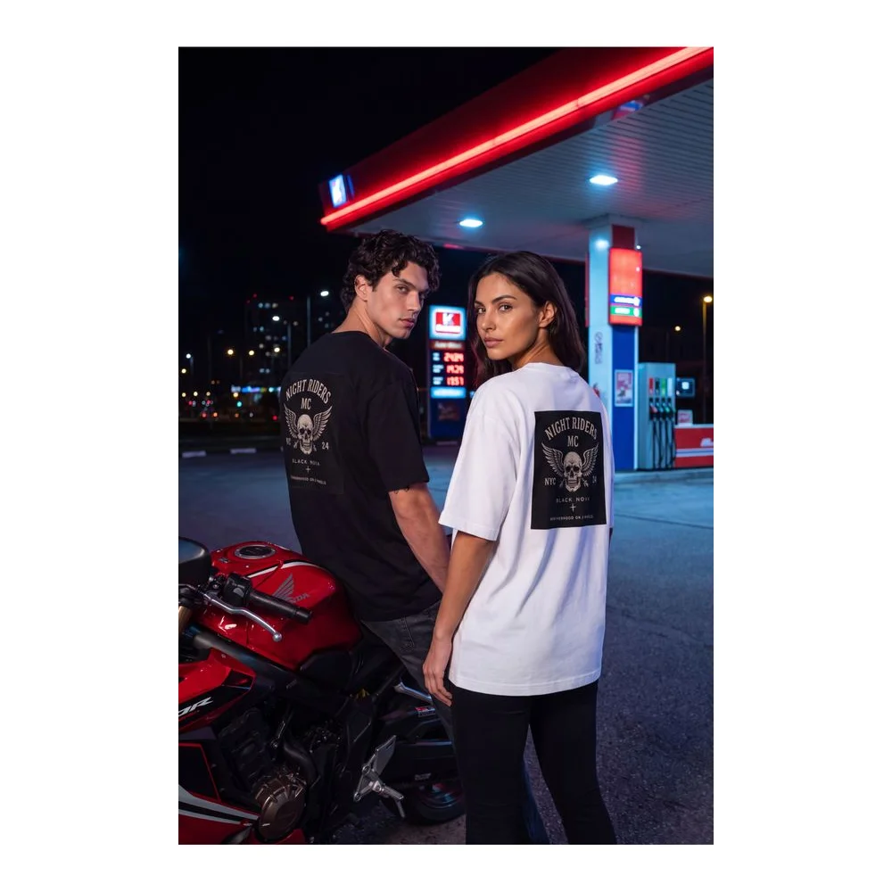 Oversize Baskılı Unisex Tişört Night Riders beyaz