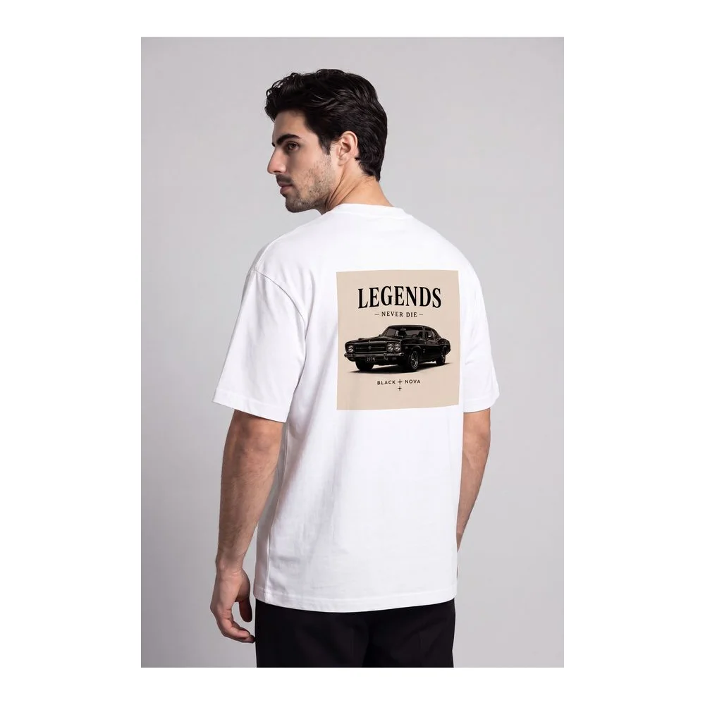 Oversize Baskılı Unisex Tişört Legend Car beyaz