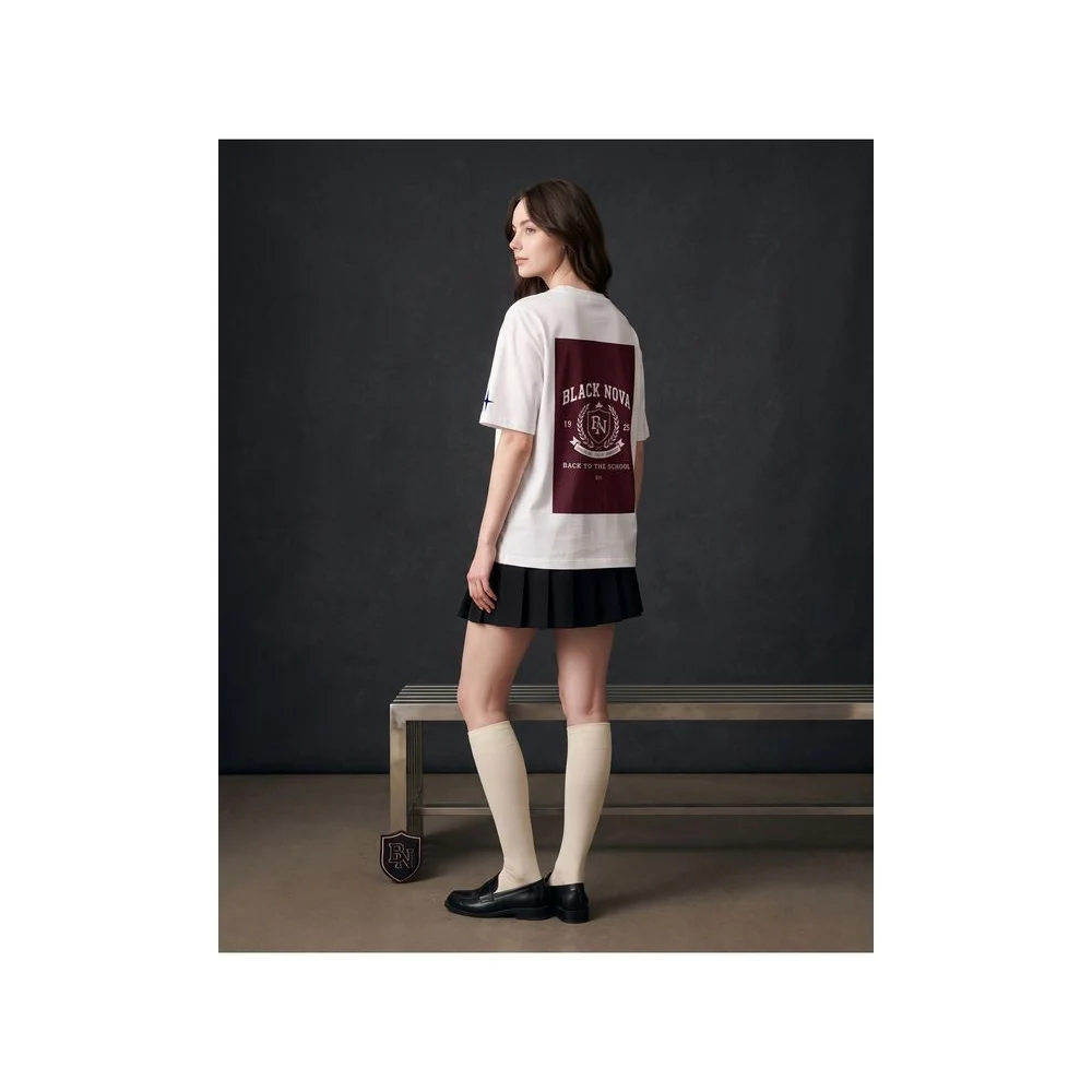 Oversize Baskılı Unisex Tişört Crest Club beyaz
