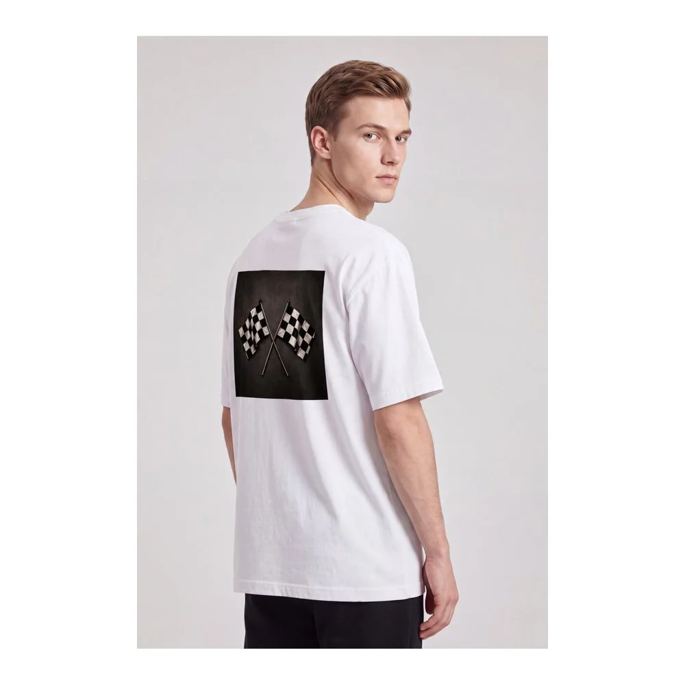 Oversize Baskılı Unisex Tişört Race Flags beyaz