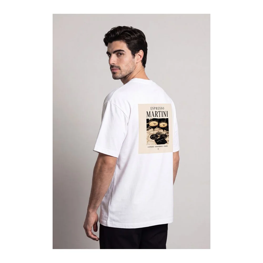 Oversize Baskılı Unisex Tişört Espresso Martini Napkin beyaz