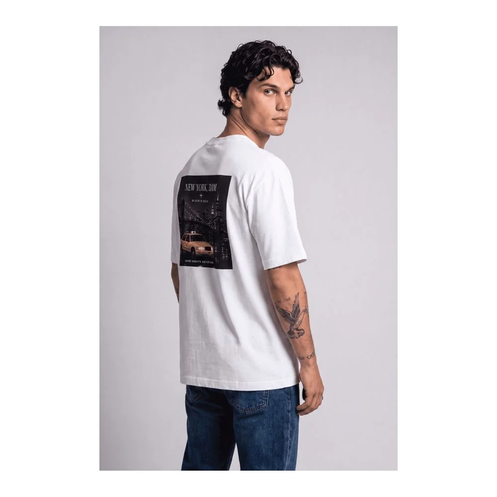 Oversize Baskılı Unisex Tişört New York Taxi beyaz
