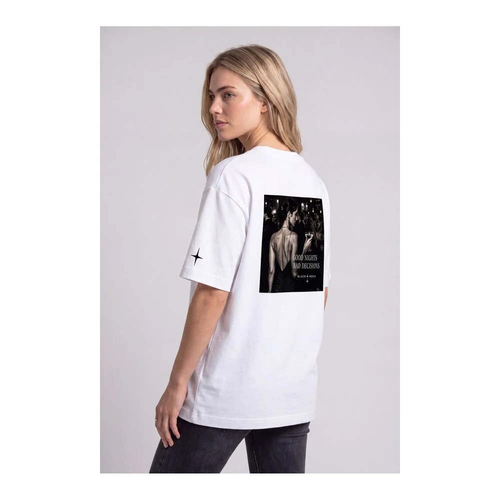 Oversize Baskılı Unisex Tişört Bad Decisions beyaz
